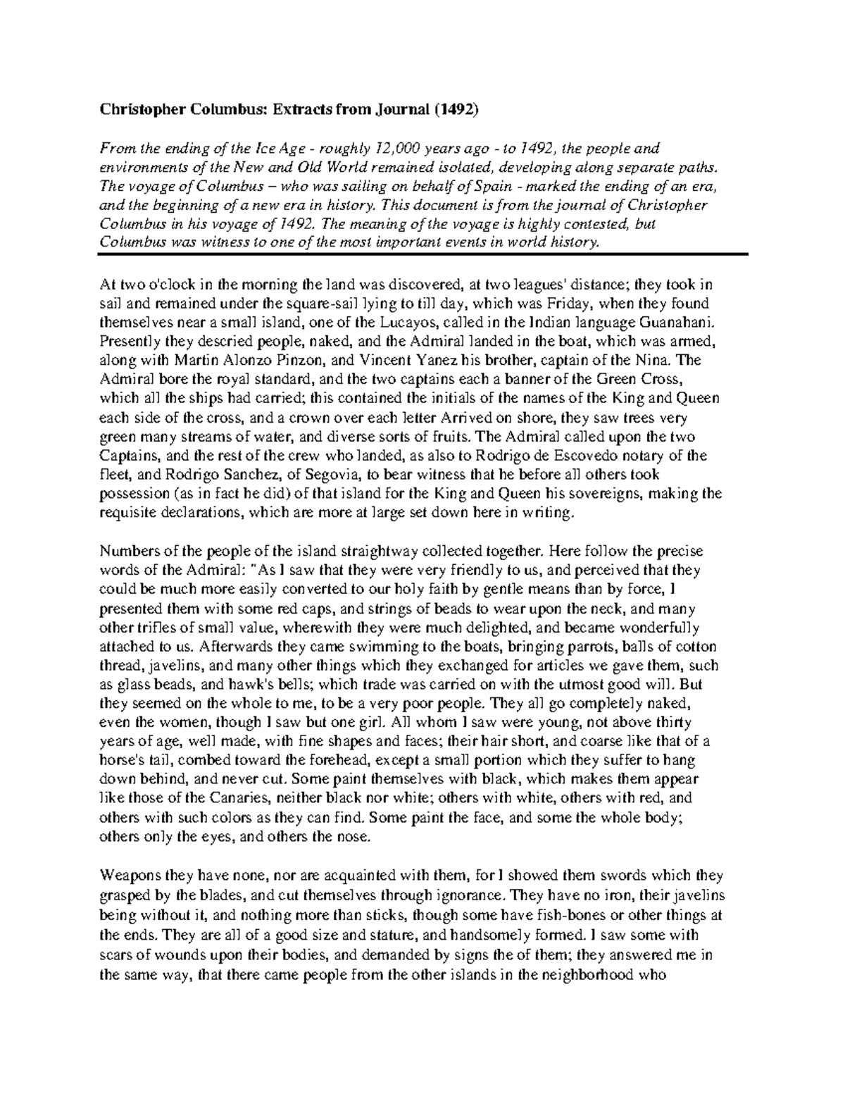 Christopher Columbus: Journal Excerpts from 1492 Voyage - Studocu