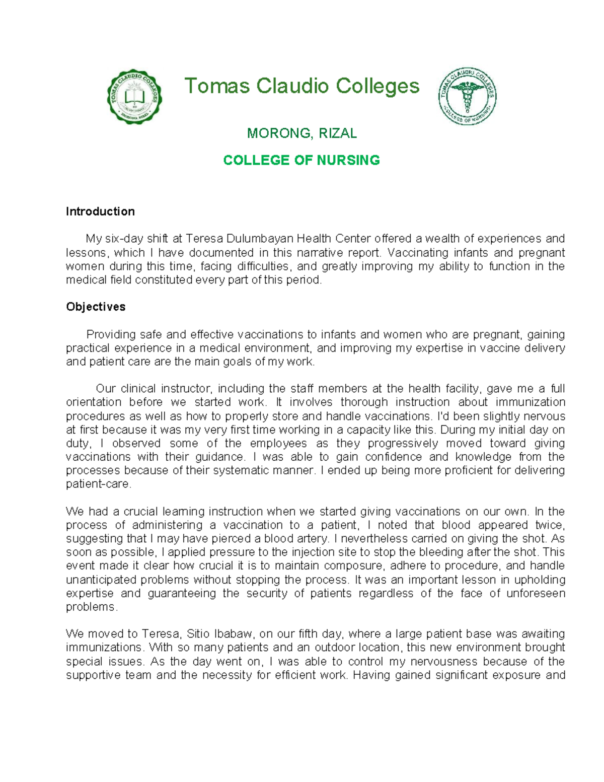 Narrative Report: Internship Experience in Vaccination at TC Health ...