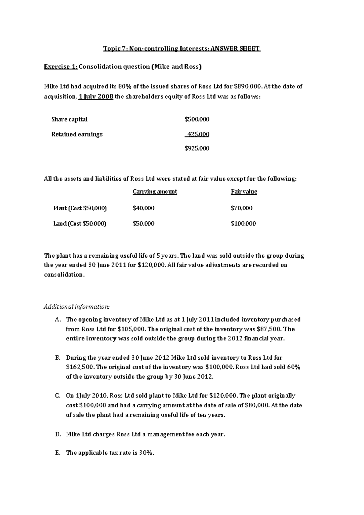 Upass ACC201 Session 6 NCI Answer Sheet & Consolidation Adjustments ...