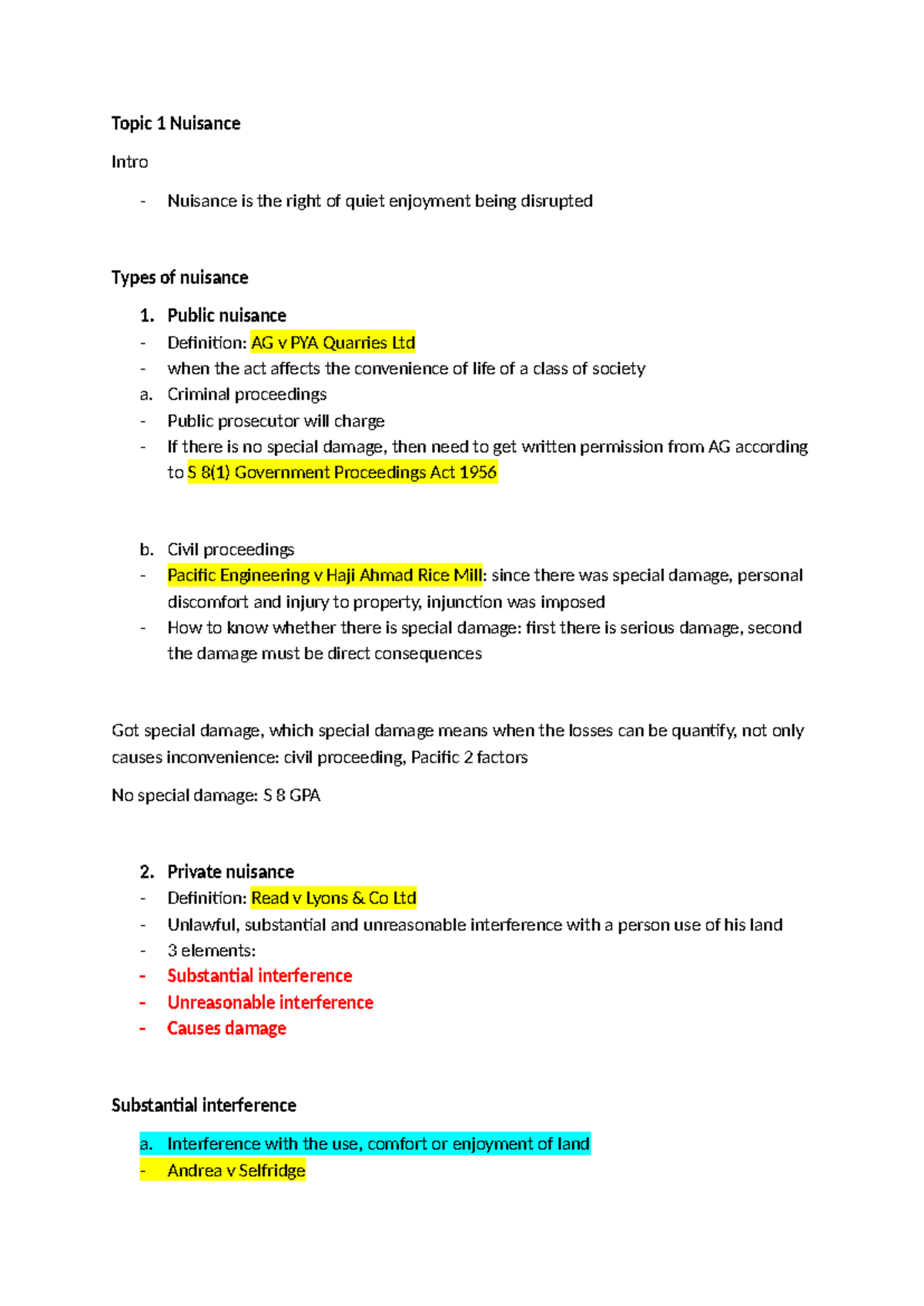 Torts 2 Midterm: Nuisance and Rylands v Fletcher Overview - Studocu