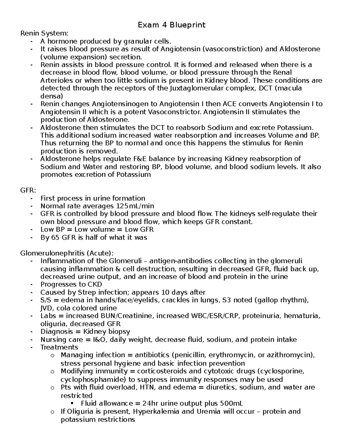 Exam 4 Blueprint: Renin System & Kidney Disorders Lecture Notes - Studocu