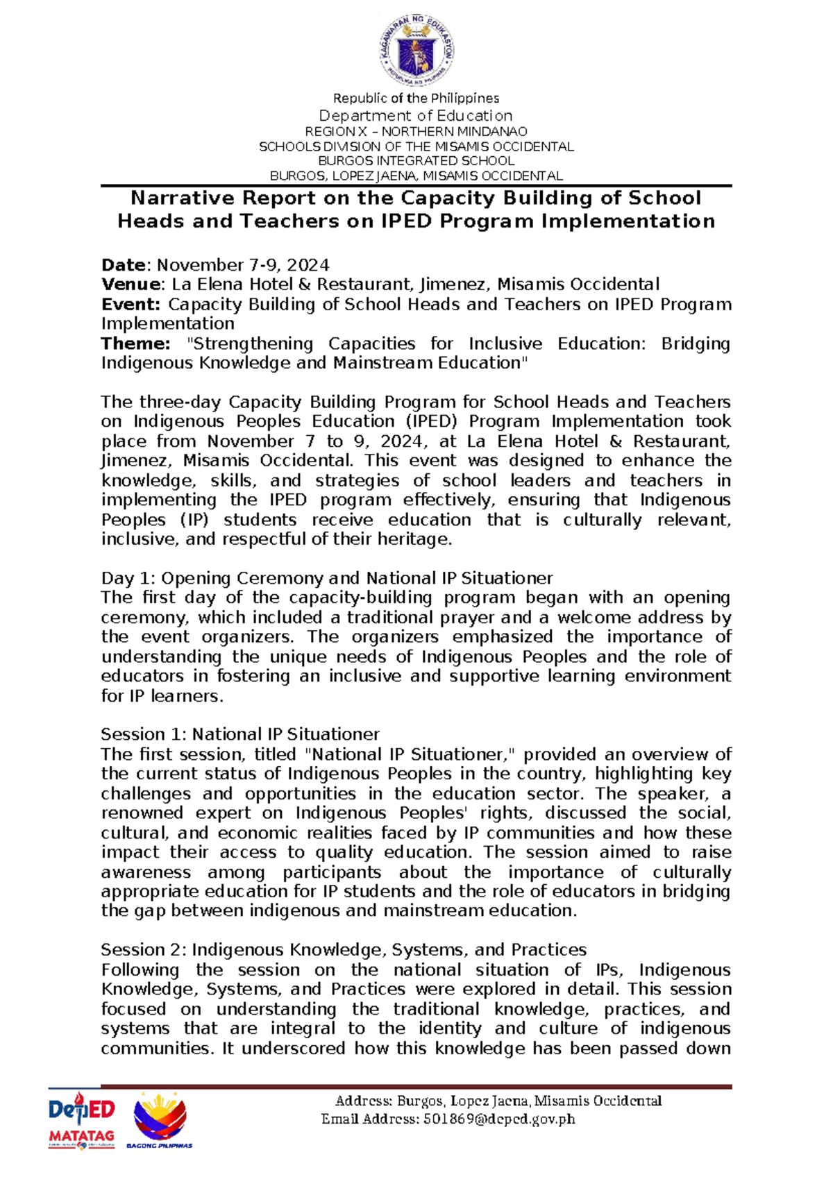 Capacity Building Narrative Report on IPED Program Implementation 2024 ...