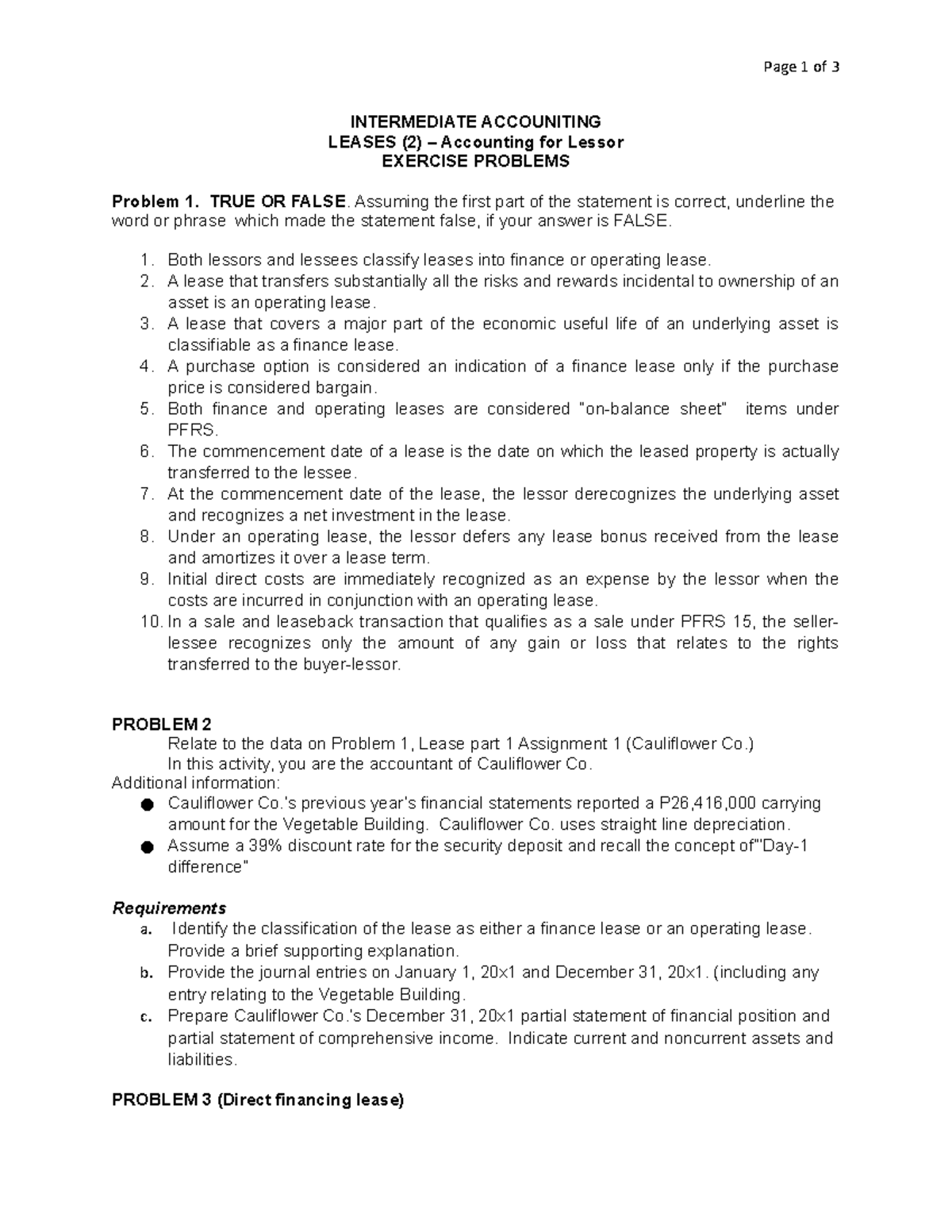 Lease- Lessor Exercise Problems - Page 1 of 3 INTERMEDIATE ACCOUNITING ...