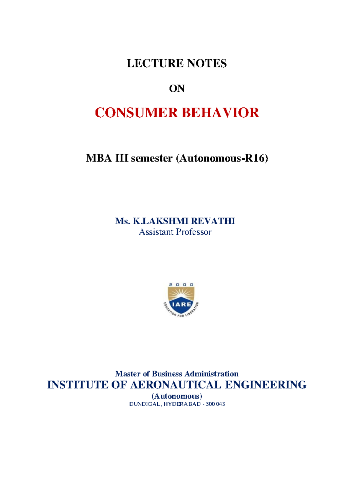 IARE CB Lecture- Notes - Revision CB - LECTURE NOTES ON CONSUMER ...