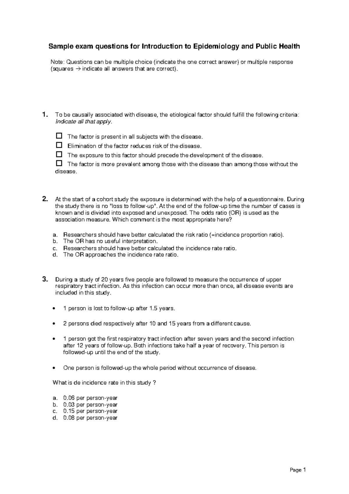 EPI 101: Practice Exam Questions for Introduction to Epidemiology 2014 ...