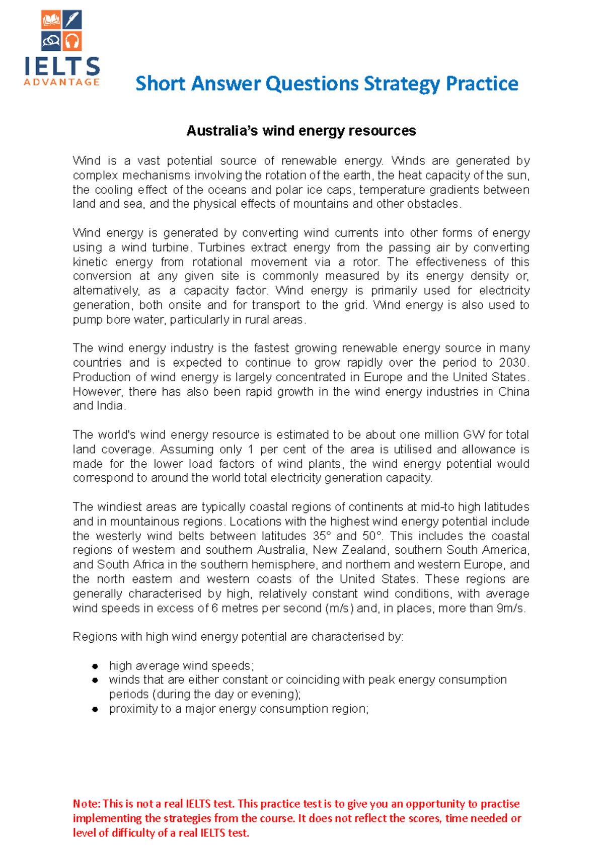 Short Answer Questions Strategy Practice - Australia’s wind energy ...