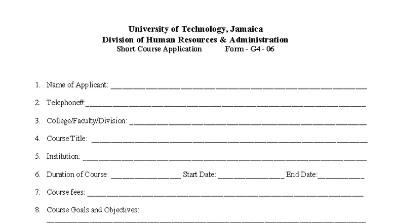 Short Course Application Form G4 - UTech, Jamaica - Feb 2017 - Studocu