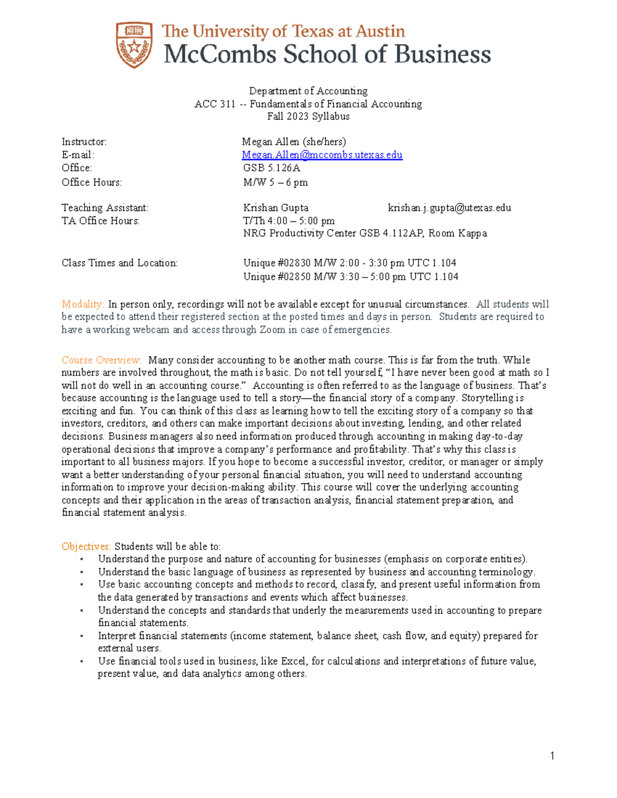 ACC 311 Fall 2023 Syllabus: Fundamentals of Financial Accounting - Studocu