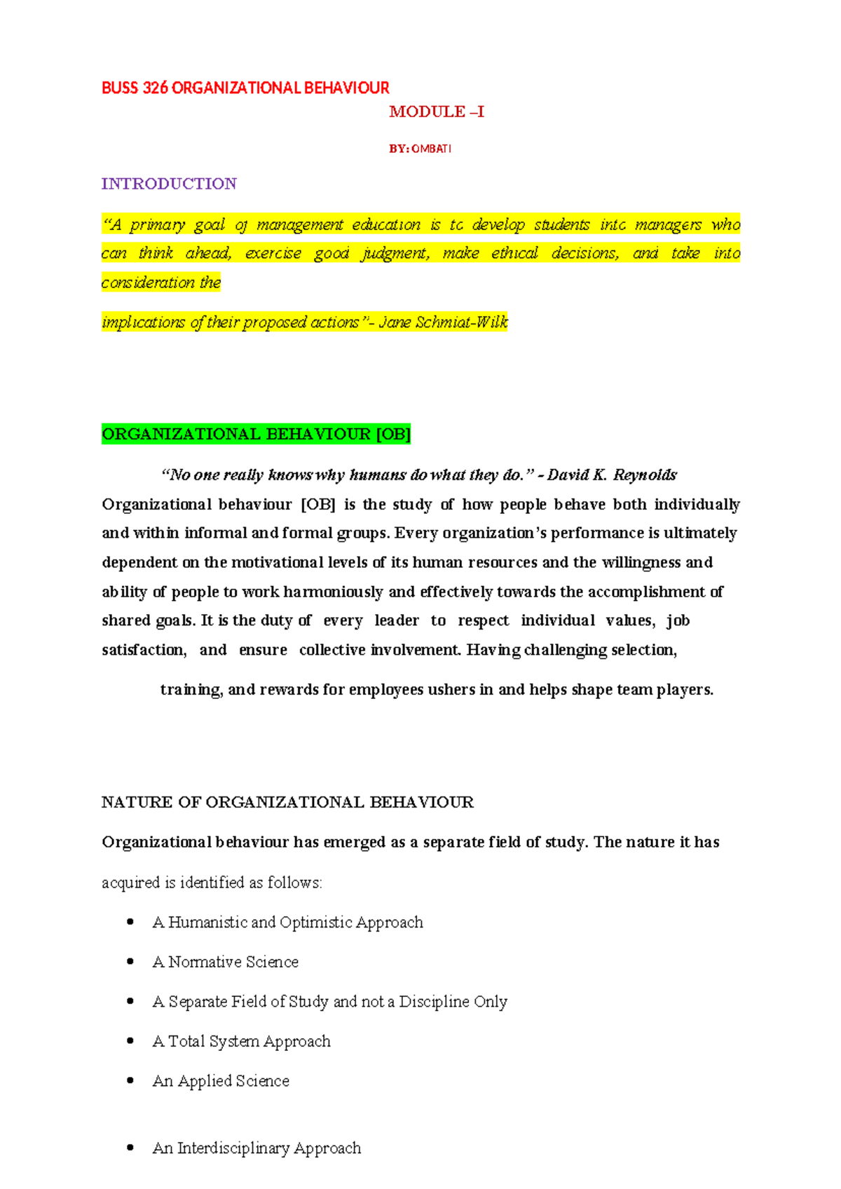BUSS 326 Introduction to Organizational Behaviour: Key Concepts and ...