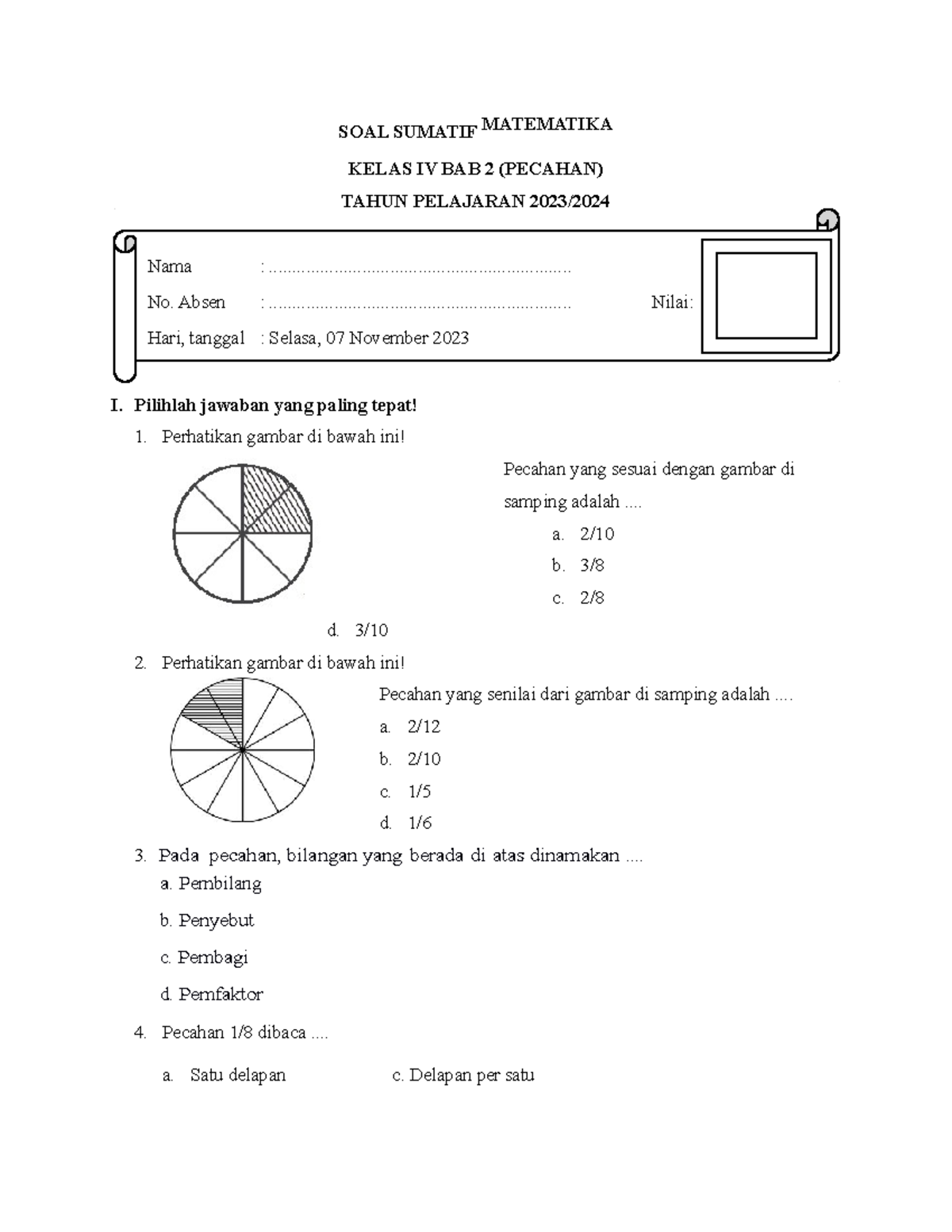 PH Matematika Kelas 4: Soal Sumatif Bab 2 (Pecahan) 2023 - Studocu