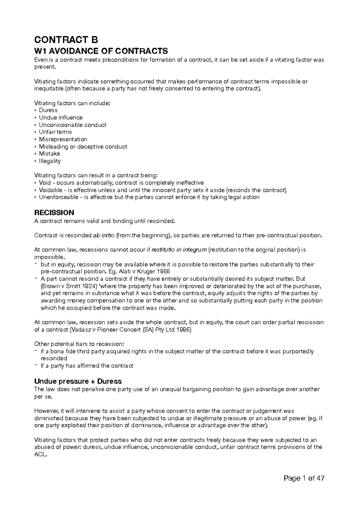 CONTRACT B W1: Vitiating Factors and Rescission in Contracts - Studocu