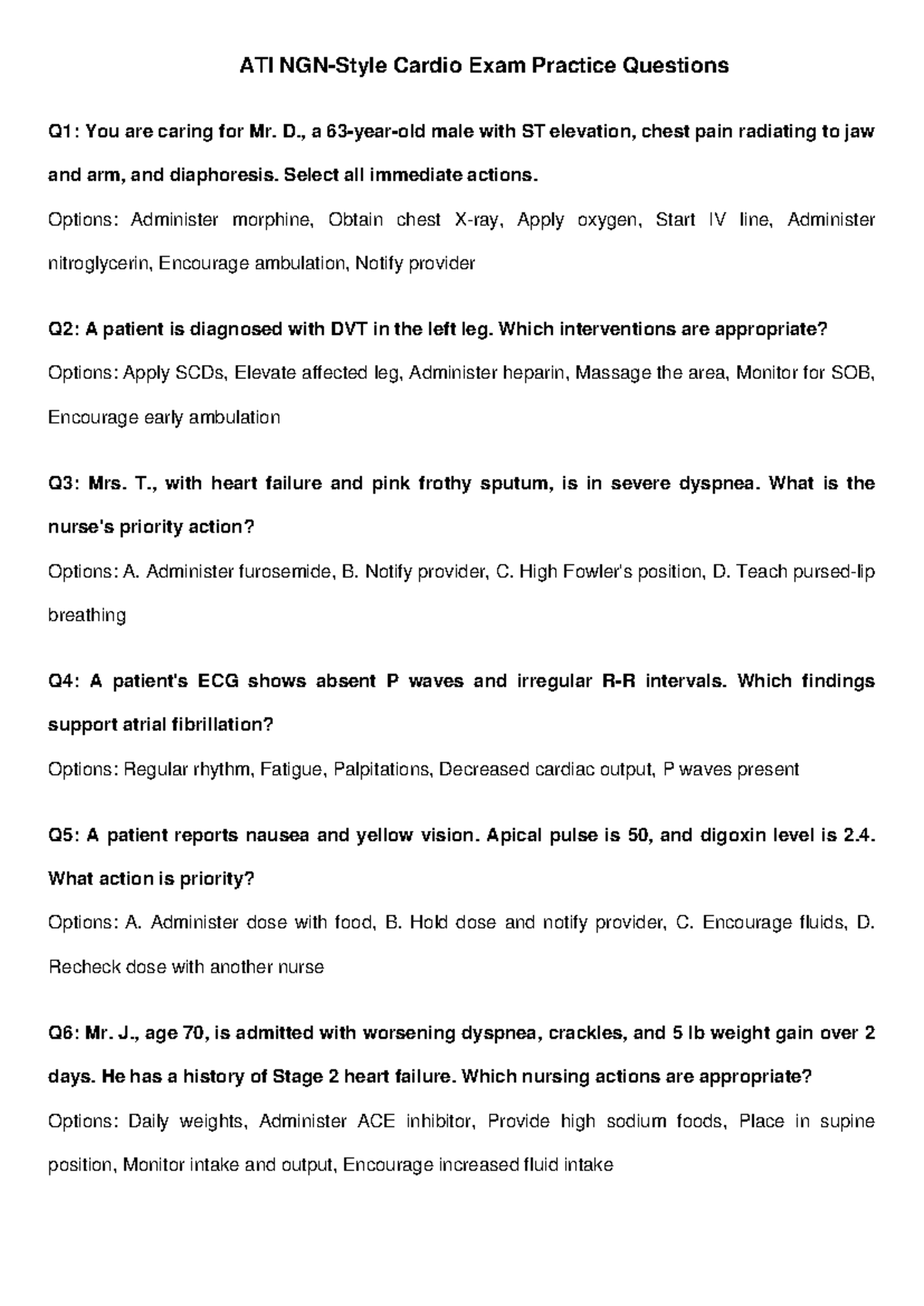 ATI NGN Style Cardio Exam Practice Questions and Answers - Studocu