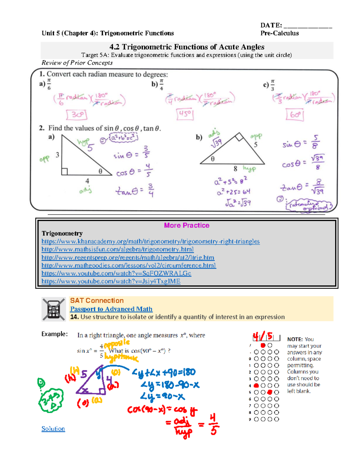 Pre-Cal Quiz: Unit 5 - Trigonometric Functions Insights - Studocu