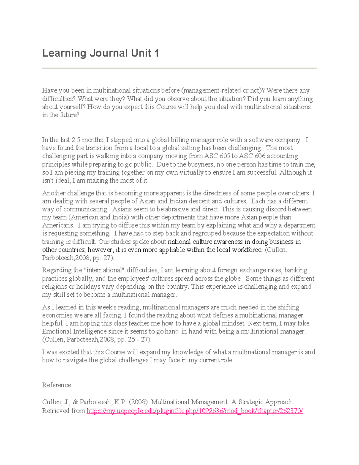 Unit 1 Learning Journal: Navigating Multinational Challenges - Studocu