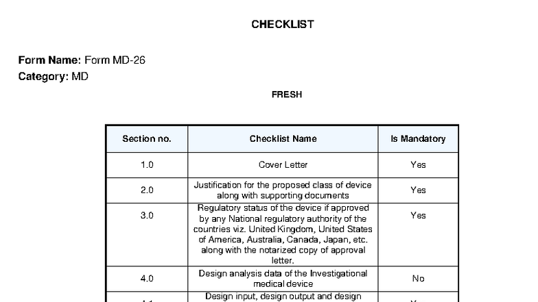 MD 26 Checklist for Medical Device Approval Documentation - Studocu