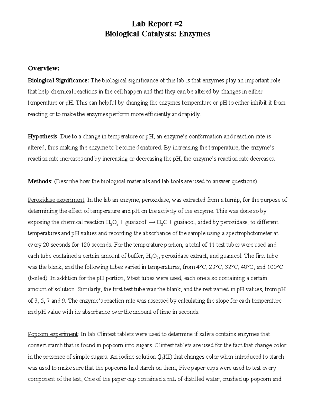 BIO161 Lab Report #2: Effects of Temperature and pH on Enzyme Activity ...