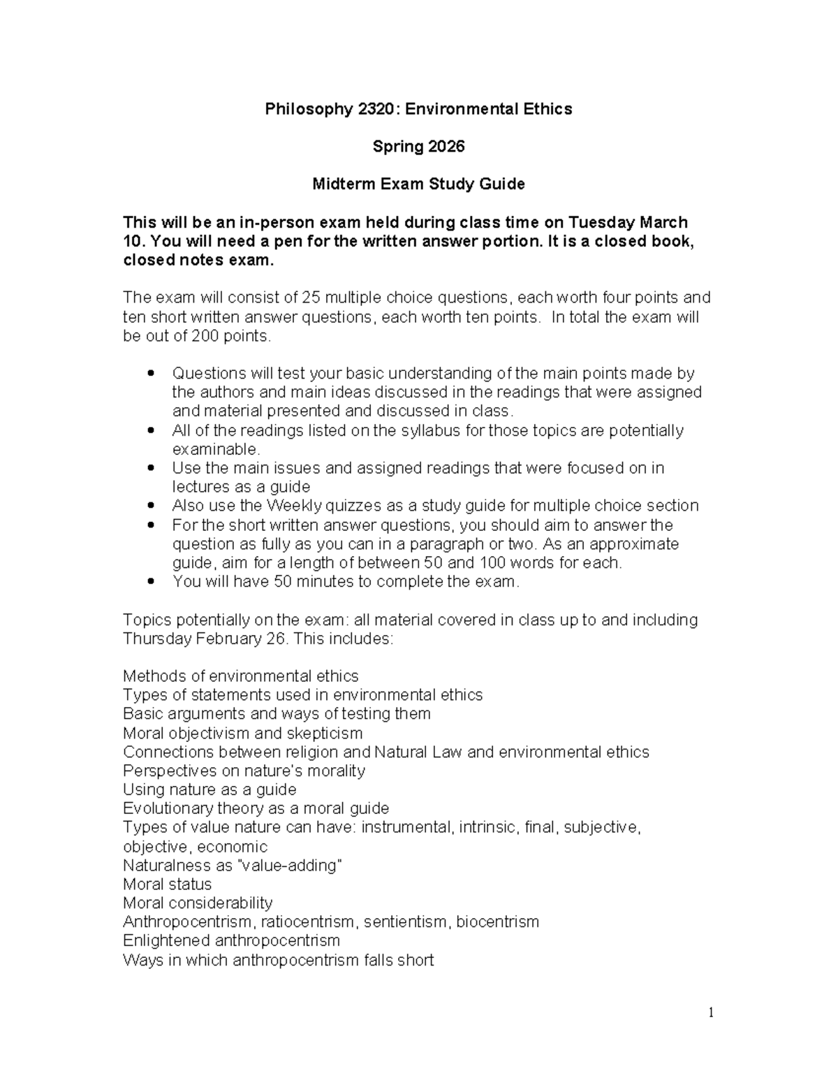 Philosophy 2320: Environmental Ethics Spring 2026 Midterm Exam SG - Studocu