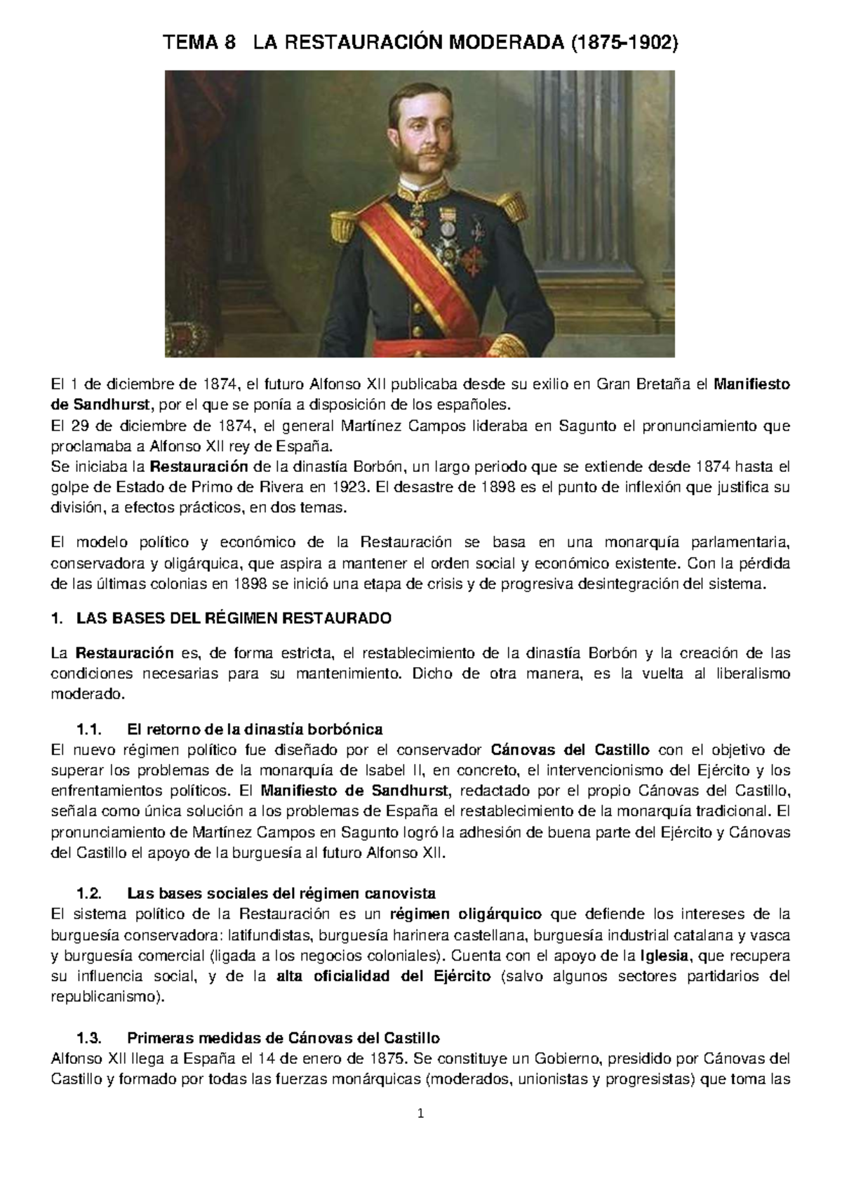 TEMA 8: La Restauración Moderada en España (1874-1923) - Studocu