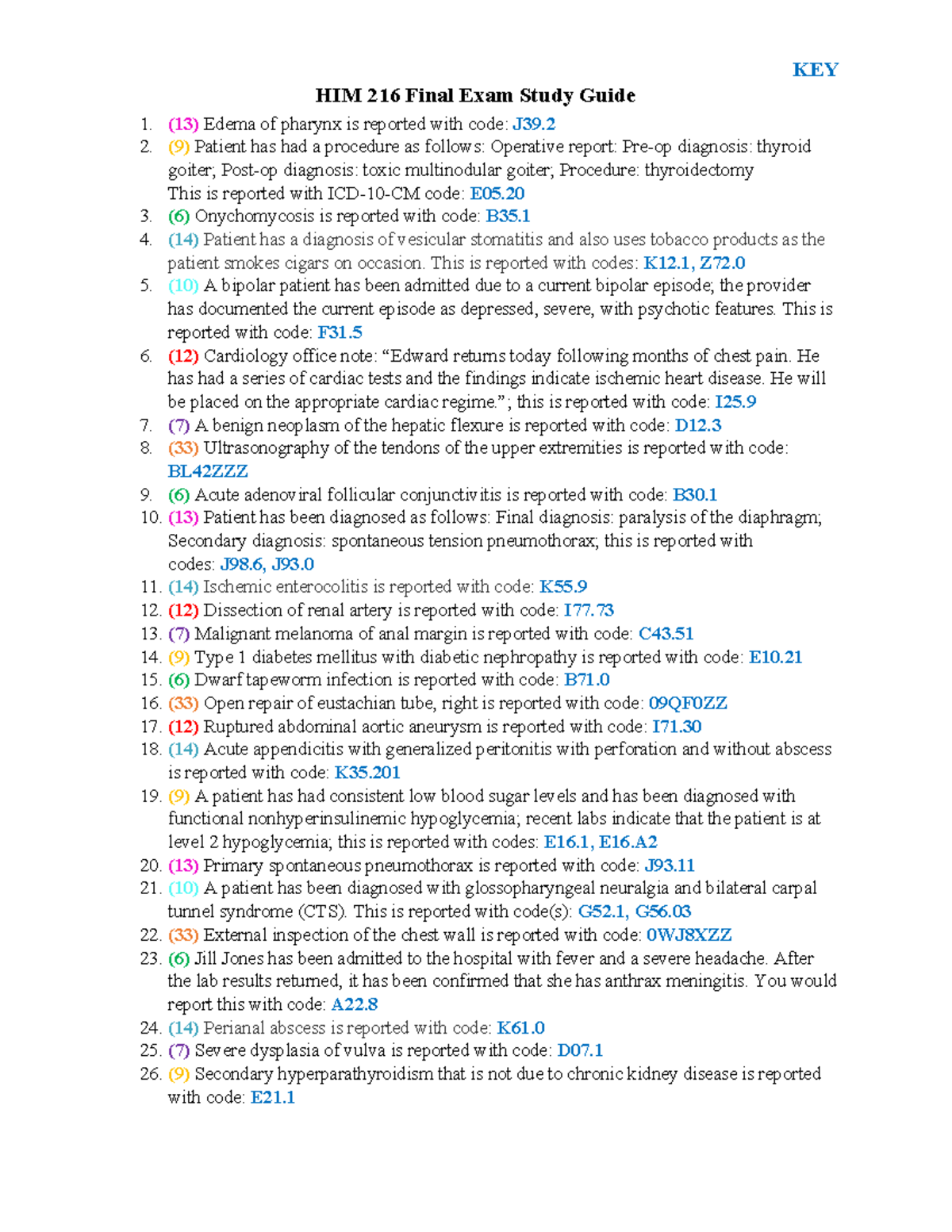 HIM 216 Final Exam Coding Review Key and Study Guide - Studocu