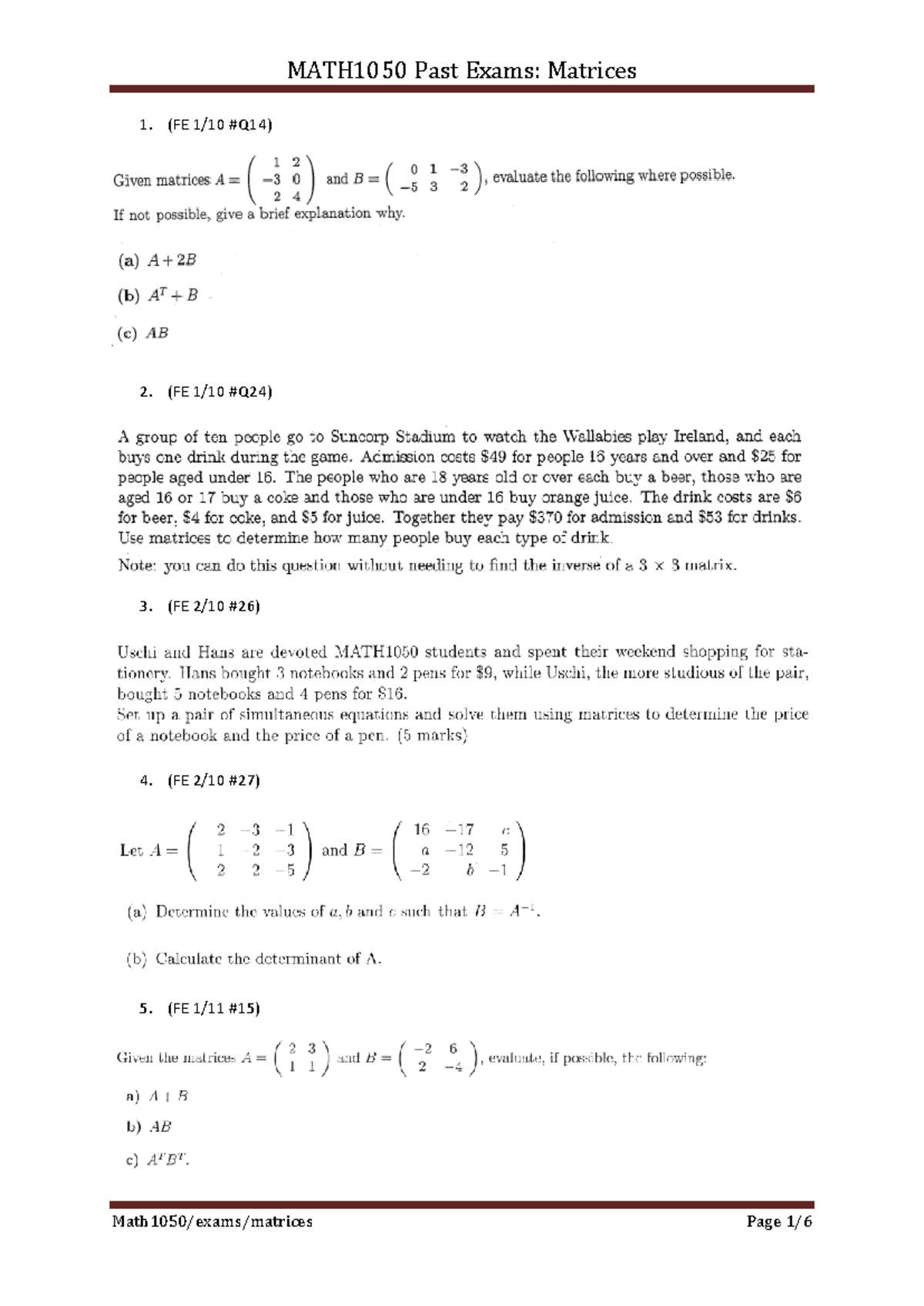 05-matrices - practice question for each topic - MATH1050 - 1. (FE 1/10 ...