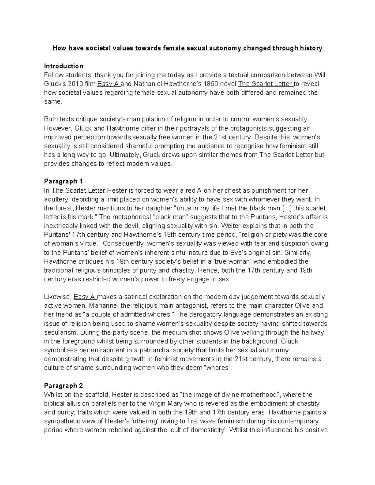 The Scarlet Letter and Easy A - Script - How have societal values ...