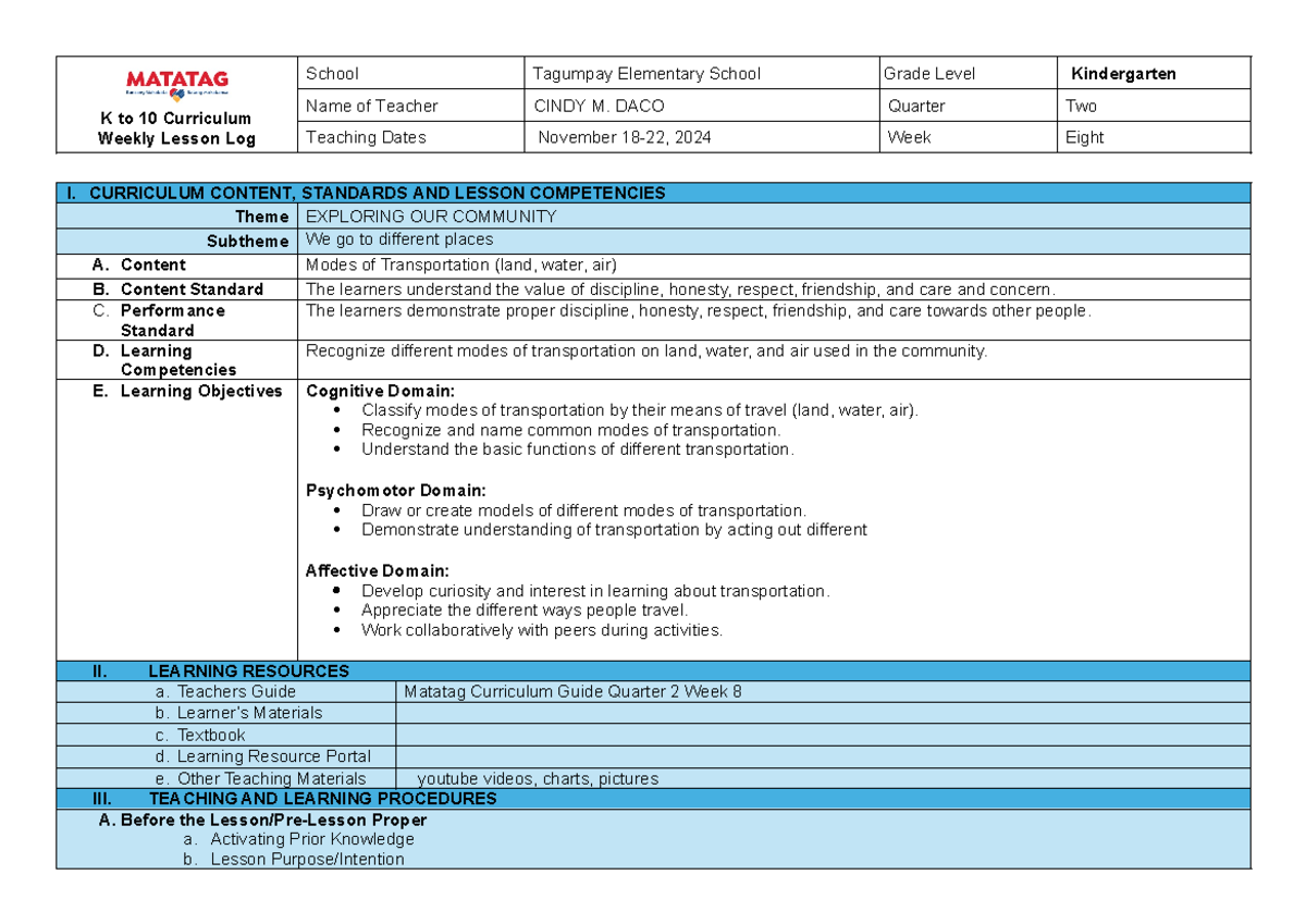 Cindy Matatag DLL Q2 W8 - K to 10 Curriculum Weekly Lesson Log School ...