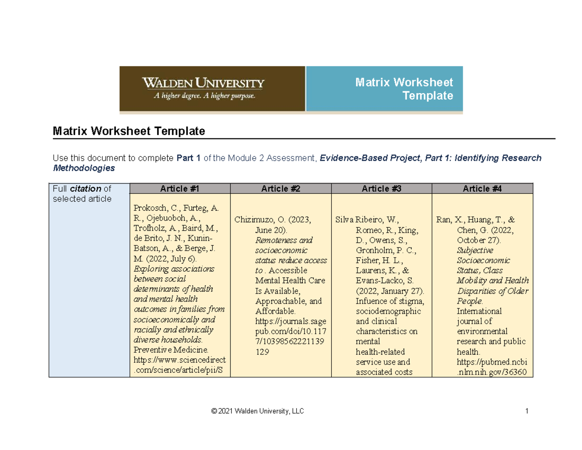 Matrix Worksheet Template for Module 2 Assessment (Part 1) - Studocu