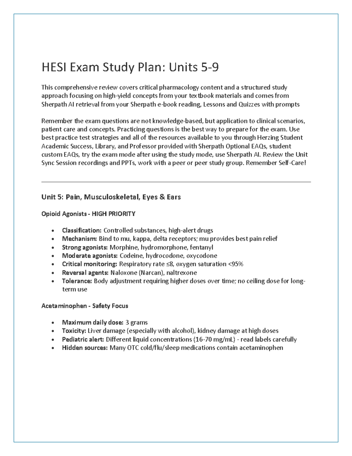 HESI Exam Study Plan: Units 5-9 Review - Studocu