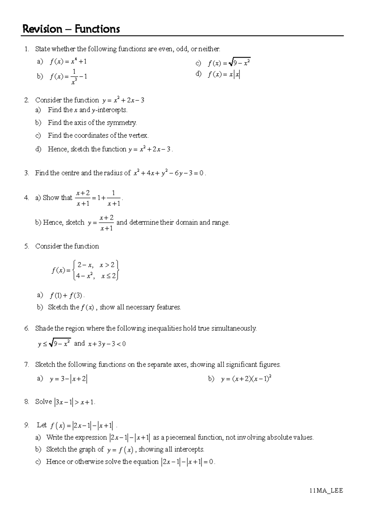 Yr11 Function Revision 2018: Even, Odd, and Symmetry Analysis - Studocu