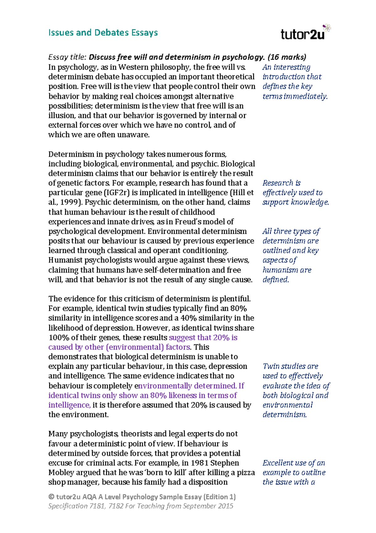 08.2 AQA A Level Psychology Essay: Free Will vs. Determinism Debate ...