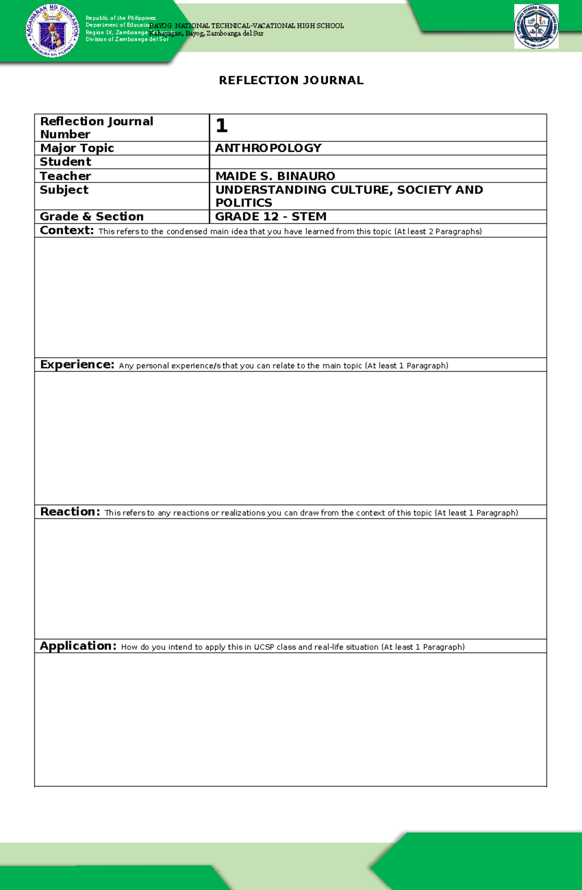 Reflection Journal Template for UCSP: Grade 12 - STEM - Studocu