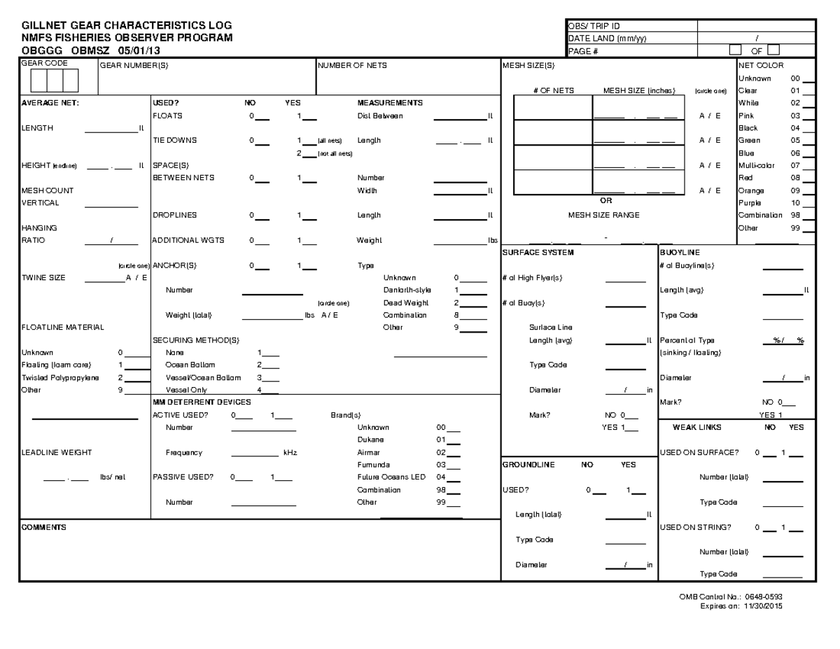 Nefop Gillnet Gear Log - NMFS Observer Program Data Collection - Studocu