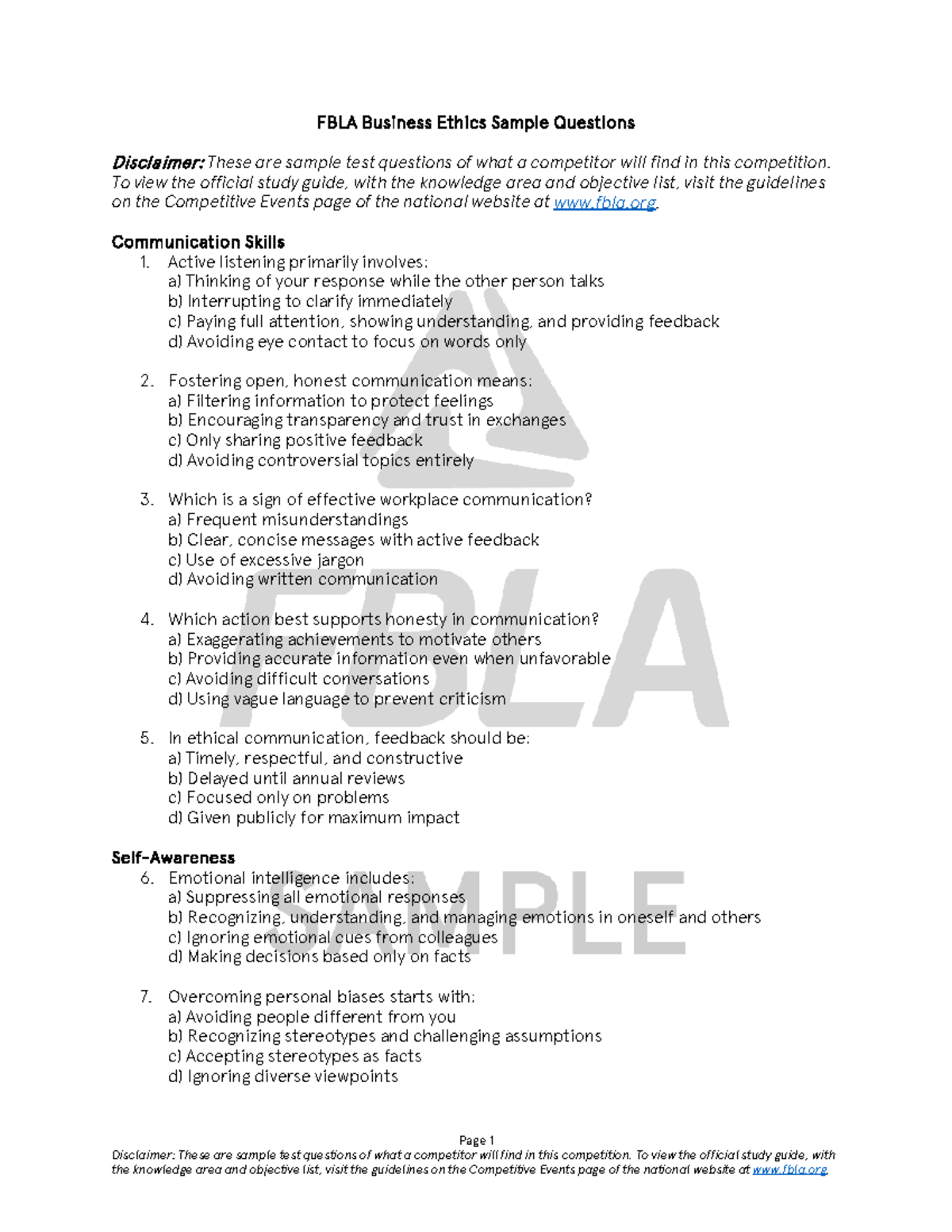 FBLA Business Ethics Sample Test Questions and Answers - Studocu