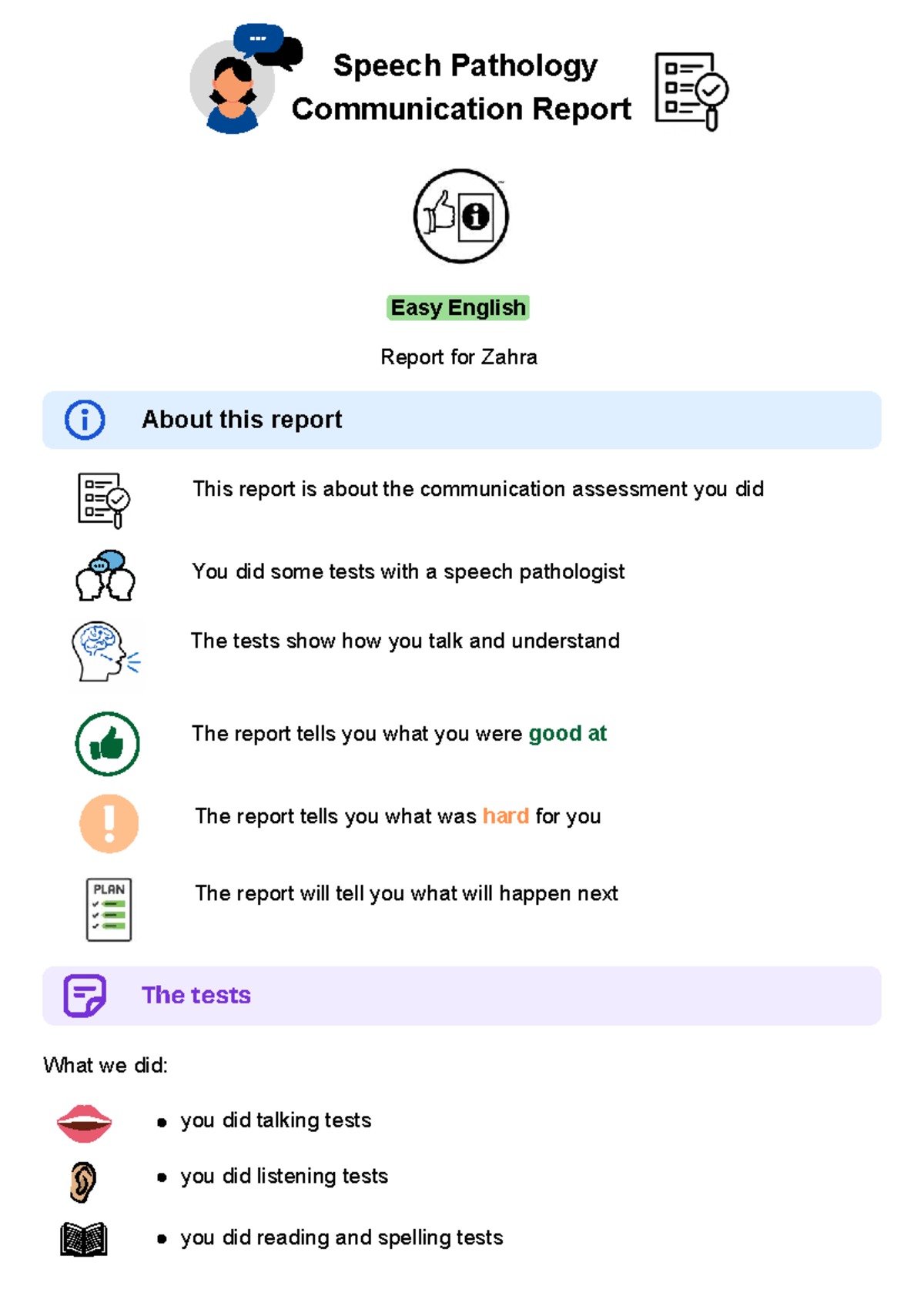 Easy English Communication Report for Zahra - Speech Pathology - Studocu