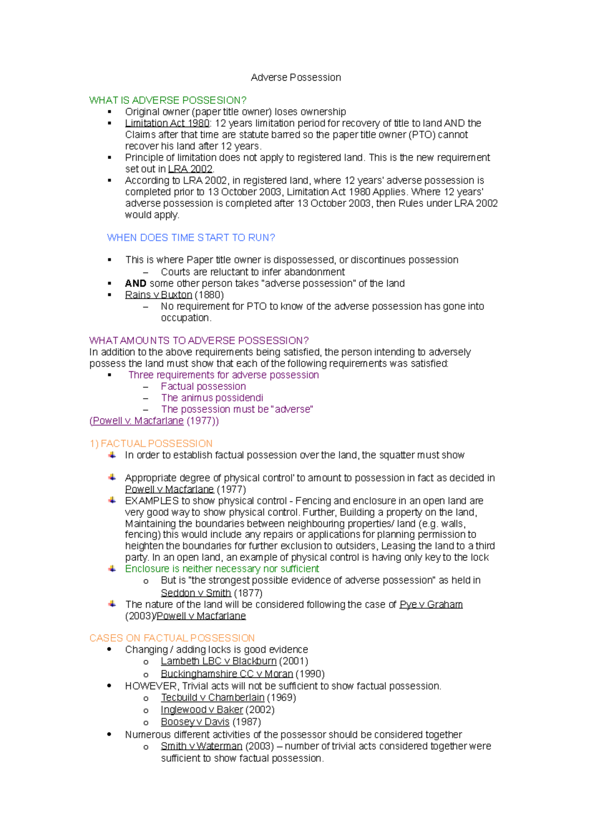 Adverse Possession Summary: Key Concepts and Legal Principles - Studocu