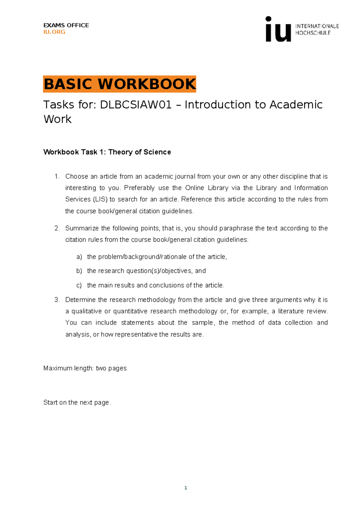 DLBCSIAW01 Basic Workbook: Academic Work & Research Methodology Tasks ...