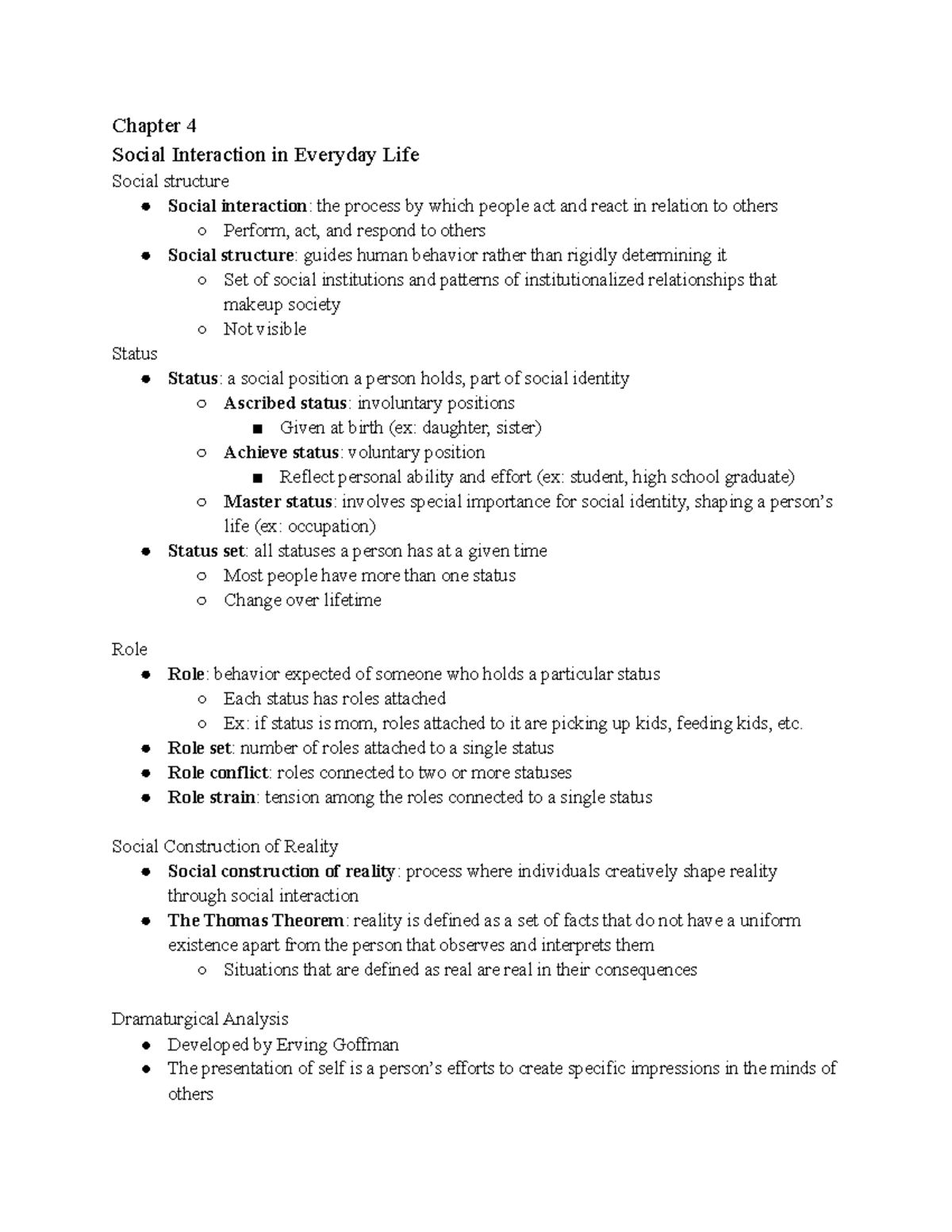 Sociology Notes: Chapter 4 - Social Interaction in Daily Life - Studocu