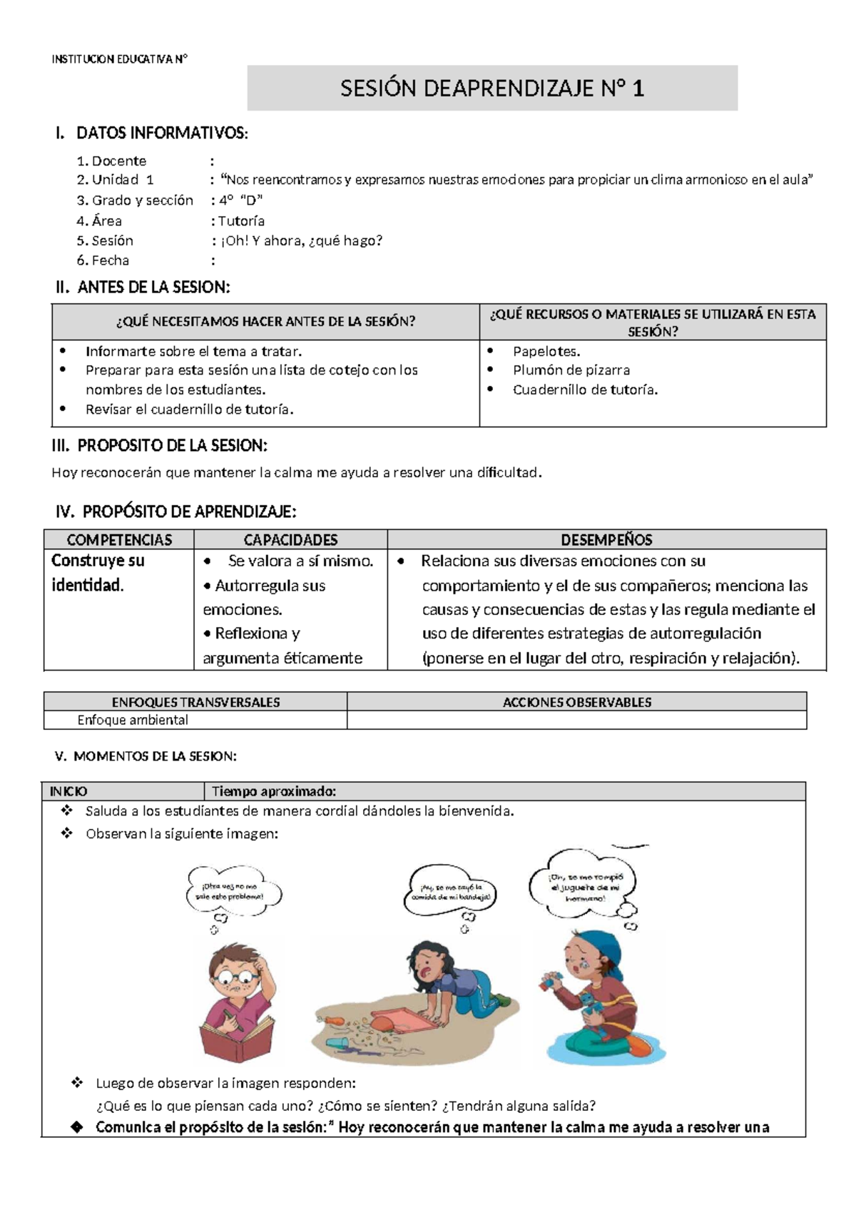 Tutoria: Sesión de Aprendizaje 1 - Reconocimiento de Emociones - Studocu