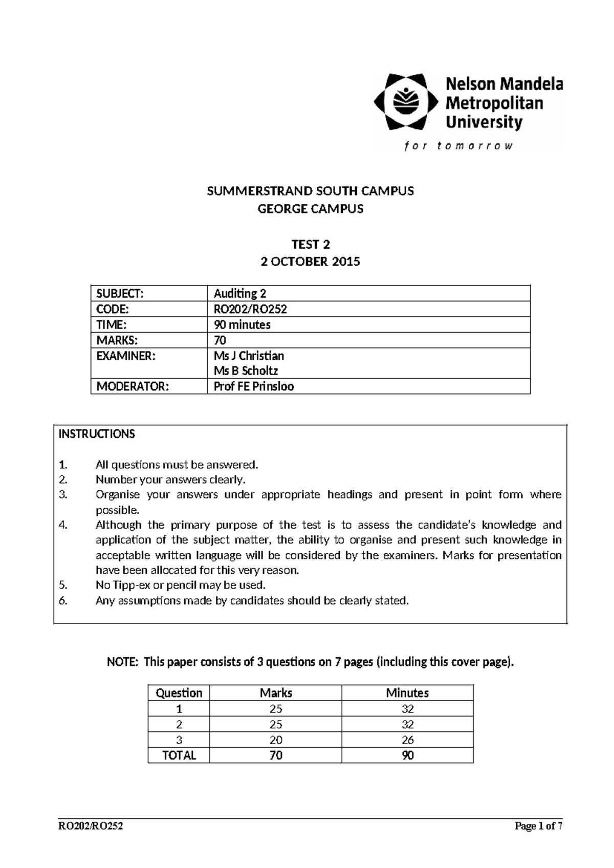 RO202 Test 2 Final - Auditing Past Exam Paper (October 2015) - Studocu