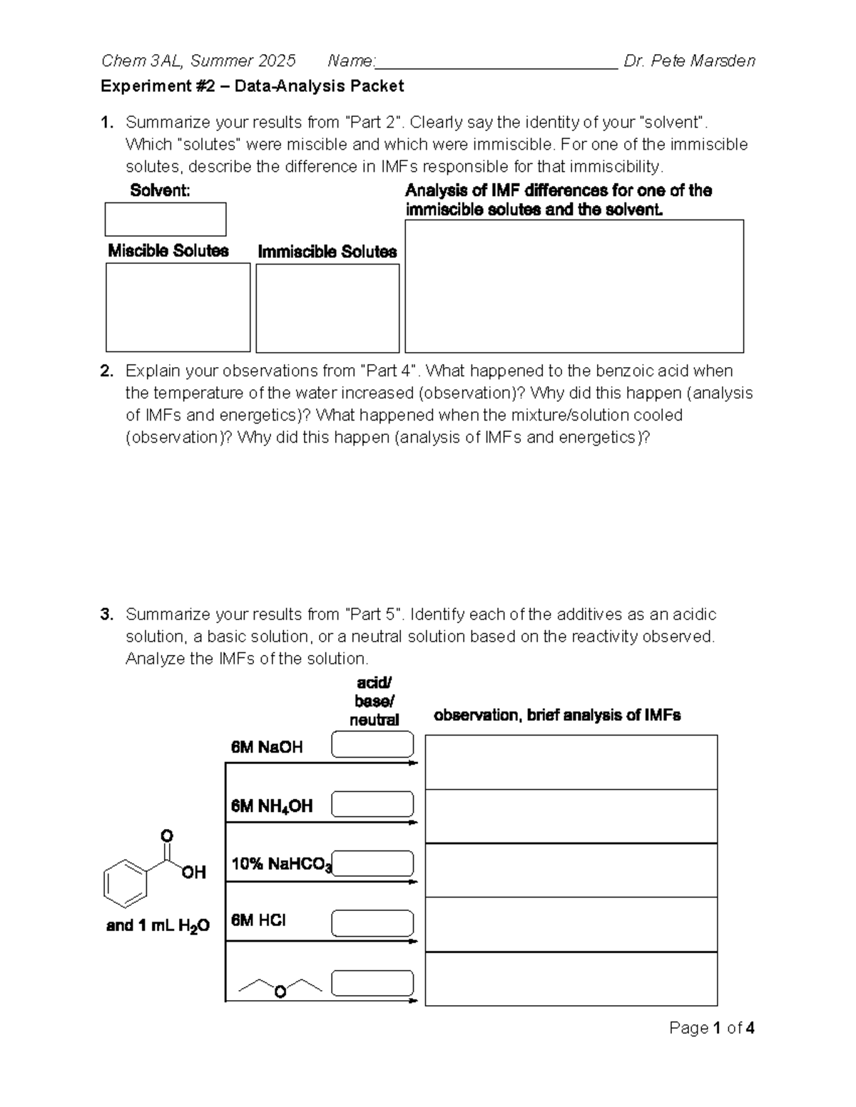Chem 3AL - Summer 2025 Experiment 2 Data Analysis Packet - Studocu