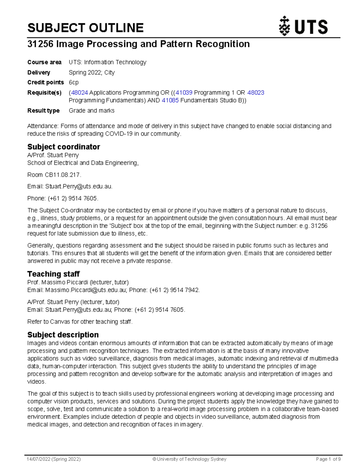 31256 Image Processing & Pattern Recognition Subject Outline 2022 - Studocu