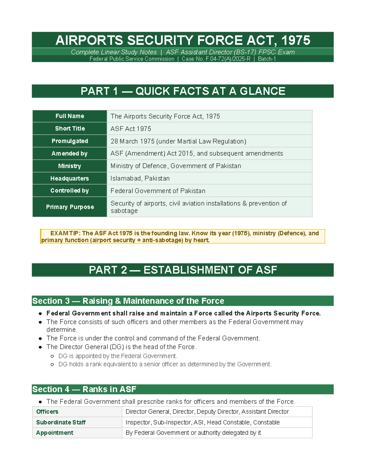 ASF Act 1975 Study Notes for FPSC Assistant Director Exam Preparation ...