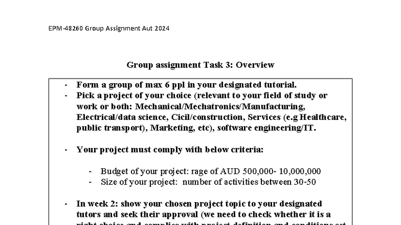 Group Assignment AUT 2024: Task 3 Overview and Weekly Deliverables ...