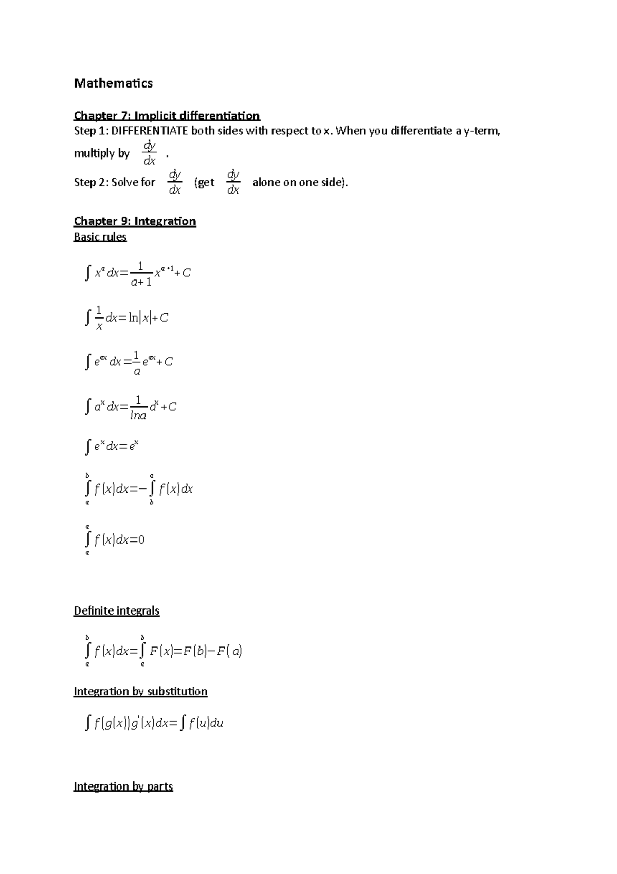 Mathematics Formulas: Implicit Differentiation and Integration Notes ...