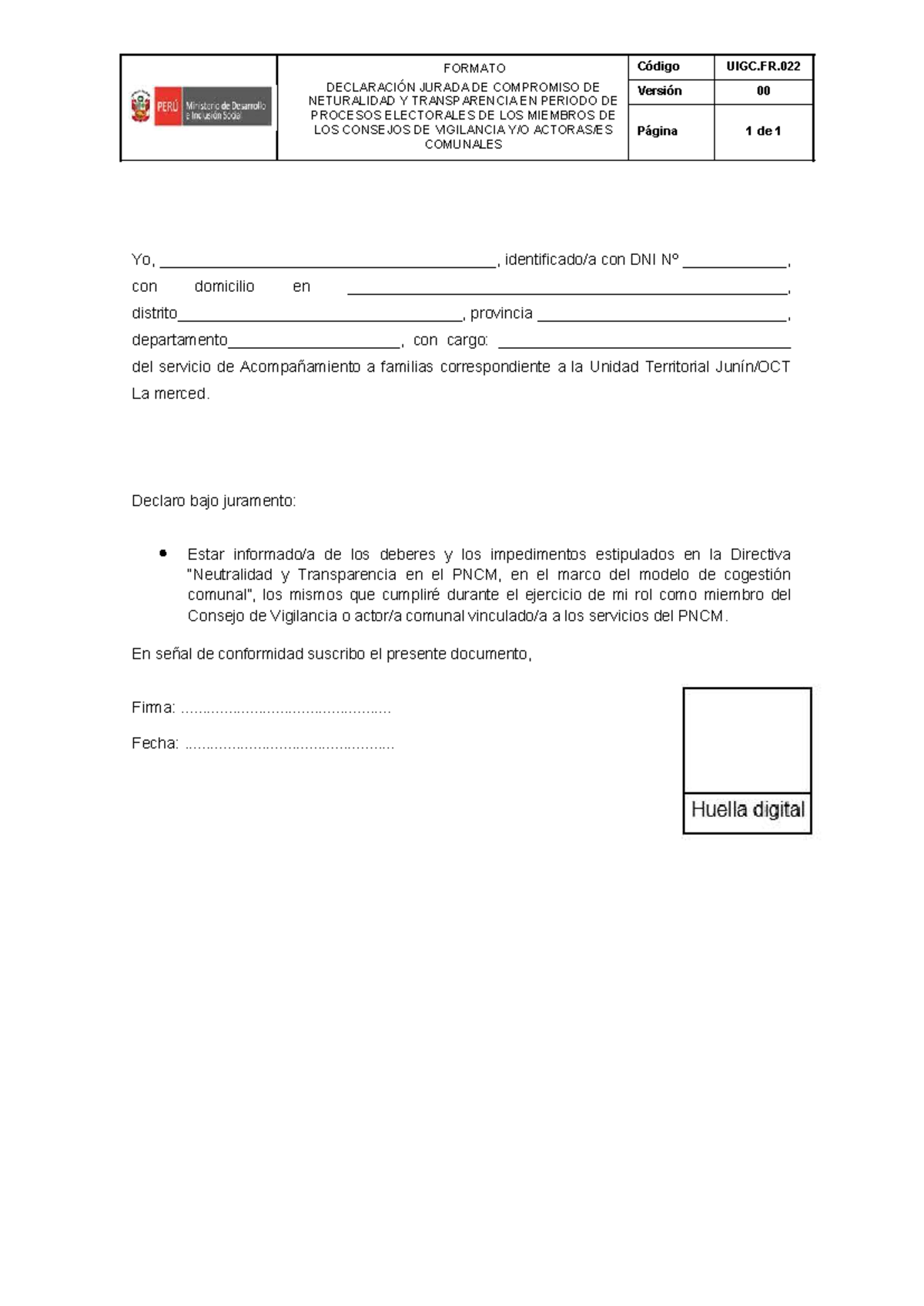 Formato UIGC.FR.022 - Declaración Jurada de Compromiso Electoral - Studocu