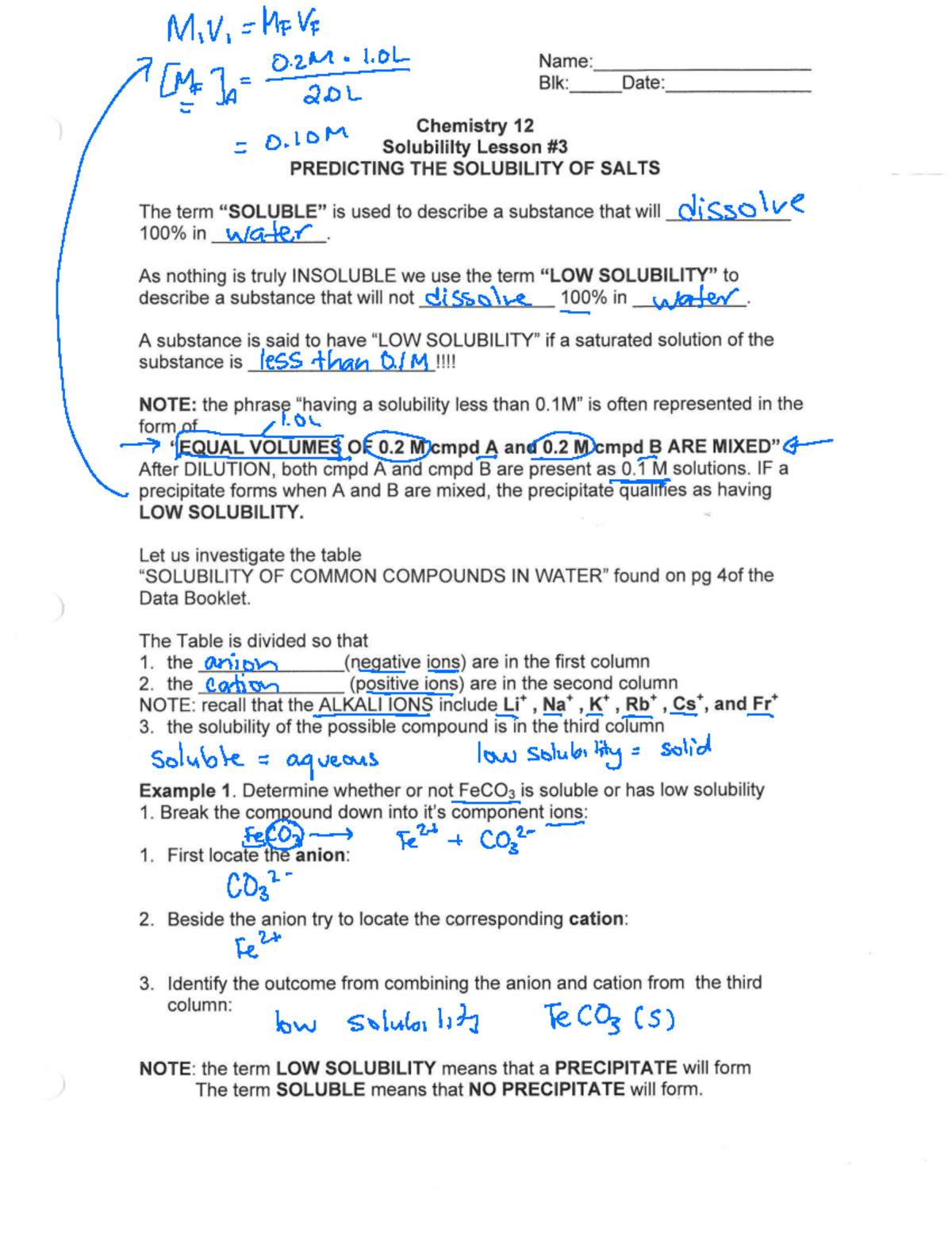 Solubility 3 notes filled in - M V MFVp 0 1 OL ####### 7 Me a 2 0 I 0M ...