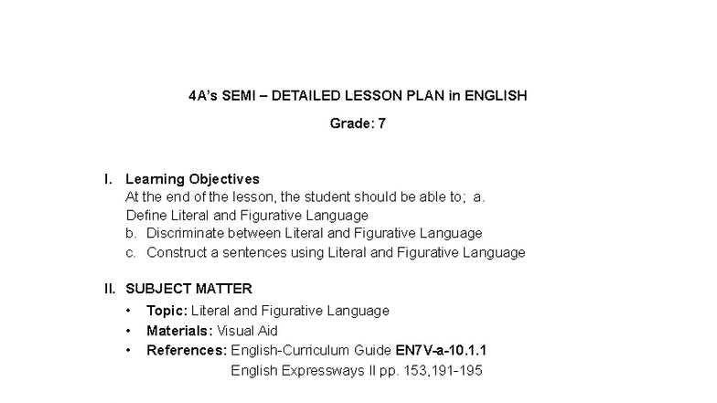 SEMI DETAILED LESSON PLAN: Literal & Figurative Language (Grade 7 ...