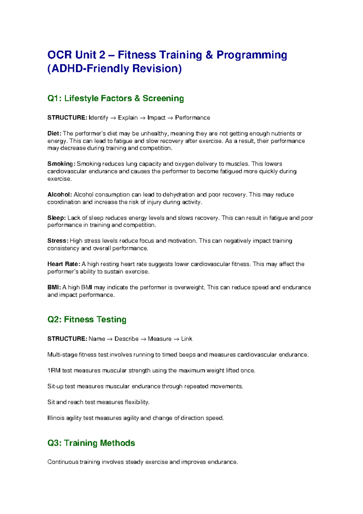 OCR Unit 2 Fitness Training Programming Revision Notes - Studocu