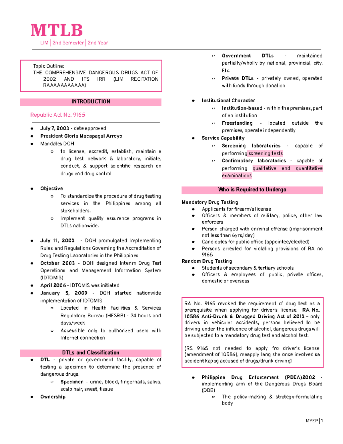 BMST MTLB RA 9165 - MTLB LIM | 2 nd Semester | 2 nd Year Topic Outline ...