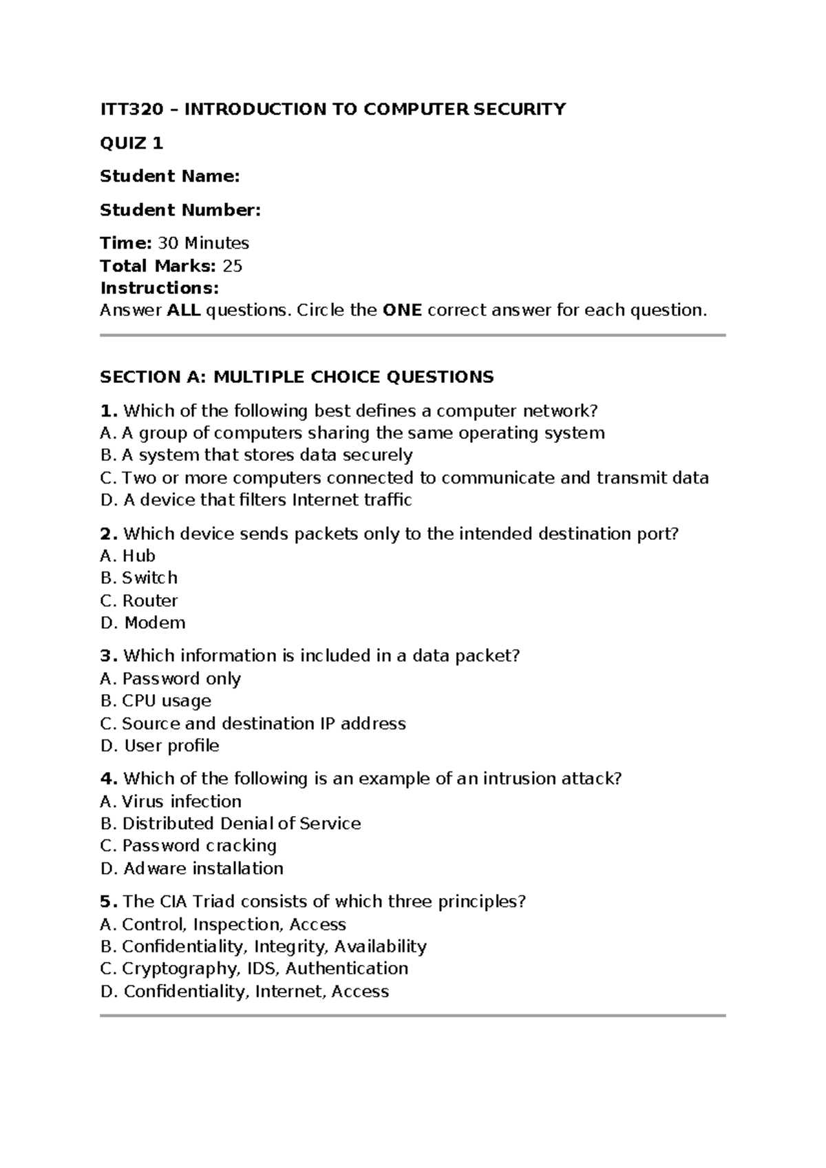 ITT320 INTRODUCTION TO COMPUTER SECURITY QUIZ 1 - Sept 25 - Studocu
